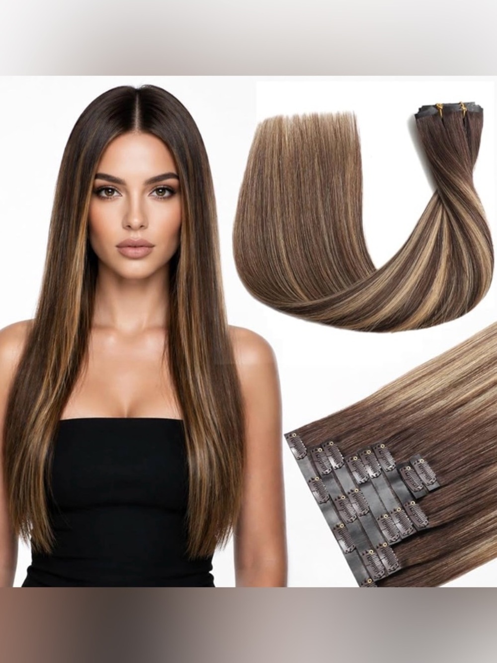 Ombre Brown Caramel Blonde Balayage Human Hair 20 Inch Clip In Hair Extensions